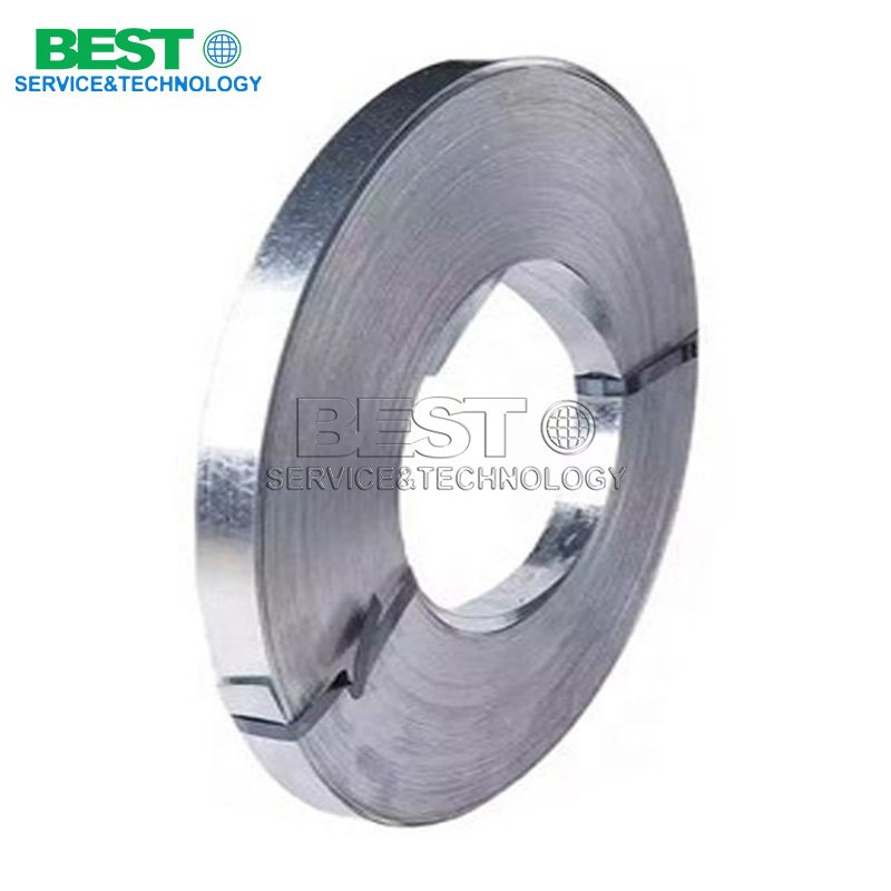 Galvanized steel strapping securing plywood bundles for export shipping
