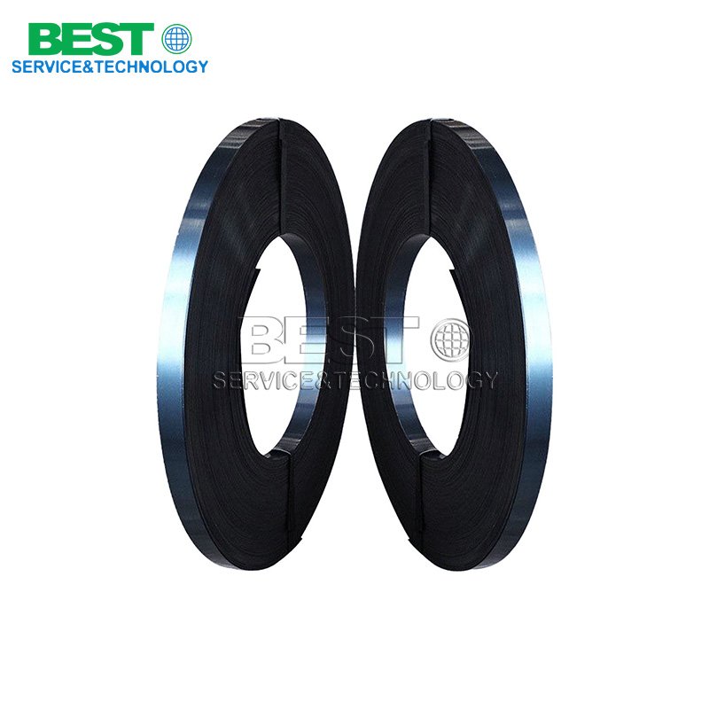 Blued steel strapping securing plywood bundles for export transportation