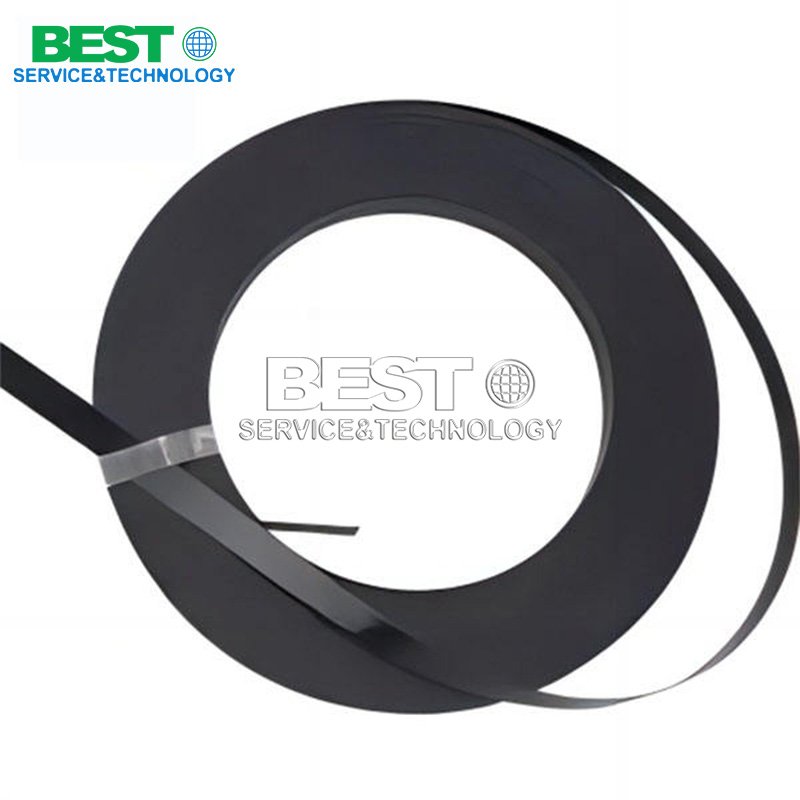 Painted steel strapping securing plywood bundles for export transportation