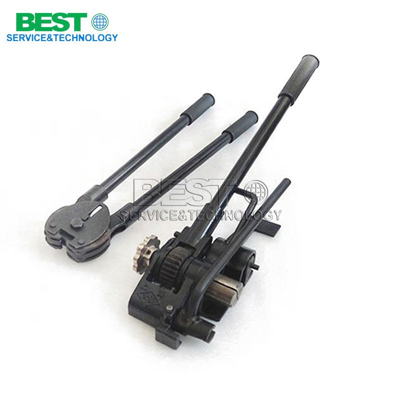 Complete manual steel strapping tool set including tensioner and sealer