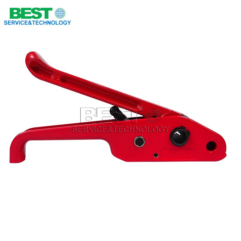 Hand-operated PET strap tensioner for industrial pallet and cargo bundling
