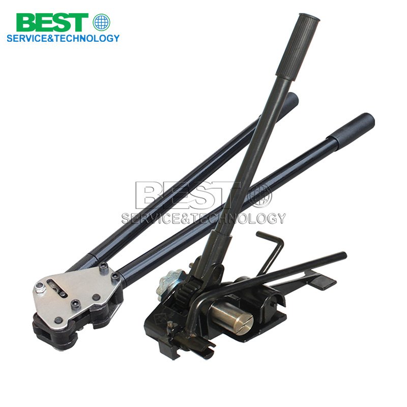 Manual steel strapping tools used for securing industrial cargo