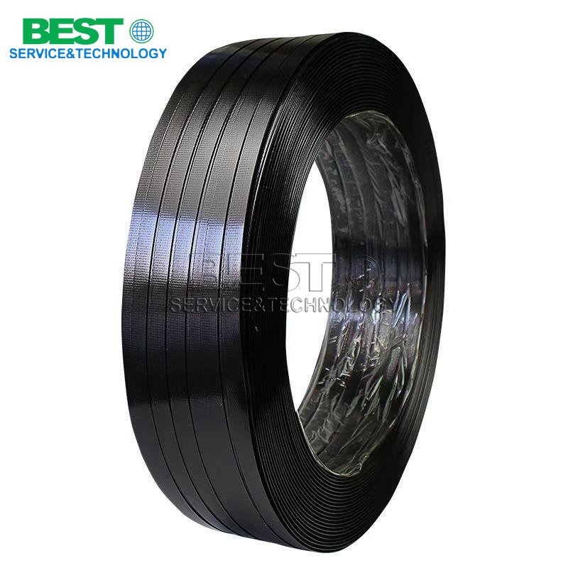 Black PET strapping securing plywood bundles for domestic and export shipping