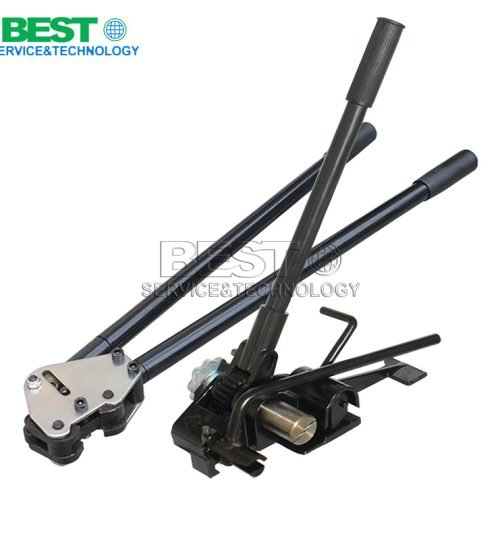 Manual steel strapping tools used for securing industrial cargo